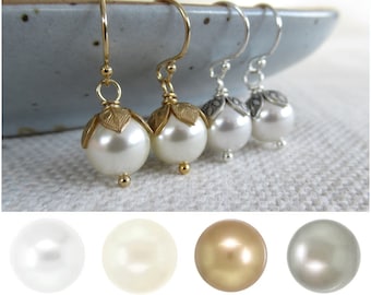 Flower bud pearl earrings Pick your color crystal pearls  Gold leaf earrings Custom color Ivory pearls White pearls Custom bridesmaid gift