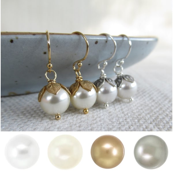 Flower bud pearl earrings Pick your color crystal pearls  Gold leaf earrings Custom color Ivory pearls White pearls Custom bridesmaid gift