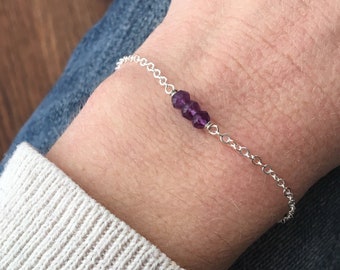 Dainty adjustable bracelet with amethyst, February birthstone jewelry Gemstone bar sterling silver or Gold filled cable chain, Birthday gift