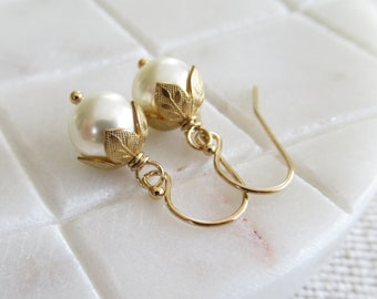 Flower bud pearl earrings White or ivory 8mm pearl earrings Leaf bead caps Gold filled ear wires Gold earrings Crystal faux pearls