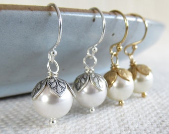 Flower bud pearl earrings Faux pearls Austrian Crystal pearls Leaf bead caps Solid sterling silver earrings Small dangle earrings