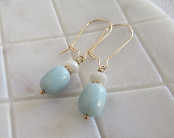 Summer jewelry, Aqua blue colored Amazonite and white Mother of Pearl beaded dangle earrings, gold filled or sterling silver long earrings