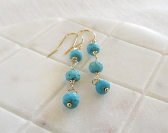 Turquoise earrings Wire wrapped gemstone beads Gold or Silver Dainty blue dangle earrings December birthstone handmade Birthday gift for her
