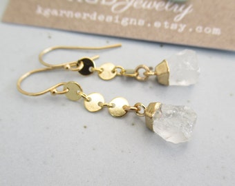 Crystal quartz raw gemstone nugget earrings Gold dangle earrings Circle disc chain April birthstone jewelry Geometric modern wedding earring