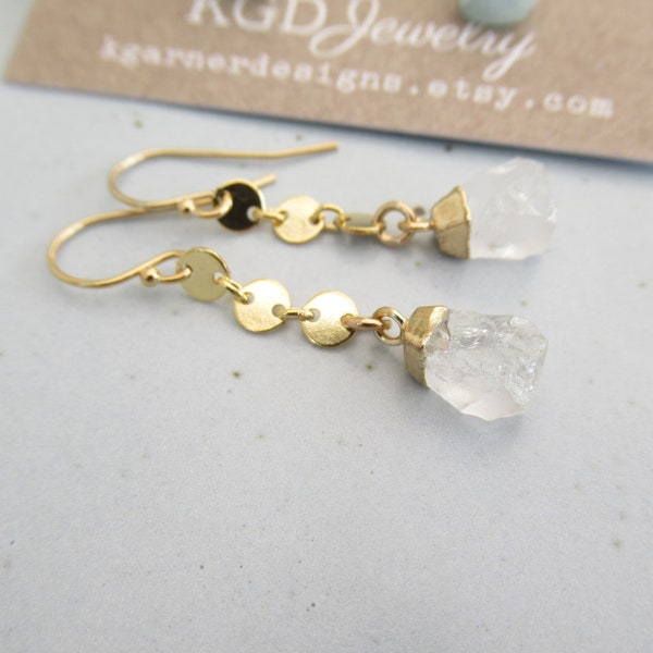 Crystal quartz raw gemstone nugget earrings Gold dangle earrings Circle disc chain April birthstone jewelry Geometric modern wedding earring