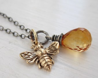 Honey Bee necklace, citrine necklace, bee charm, november birthstone necklace, yellow, orange, oxidized sterling silver, spring fashion