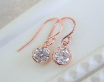 Rose gold earrings, CZ earrings, crystal clear cubic zirconia earrings, 14k rose gold-filled ear wires, tiny drop earrings, dangle earrings
