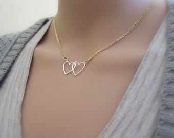 Intertwined hearts necklace, two hearts, love necklace, silver necklace, gold necklace, couples jewelry, gold and silver, everyday necklace