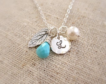 December birthstone necklace Silver initial necklace with leaf charm, freshwater pearl, personalized birthstone necklace, turquoise necklace