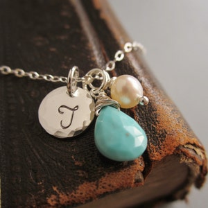 Turquoise necklace, personalized December birthstone necklace, silver initial necklace, freshwater pearl, turquoise charm necklace, sterling