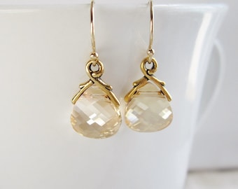 Gold drop earrings Gold earrings Champagne golden shadow crystal earrings Crystal drop earrings Simple teardrop earrings on 14k gold-filled
