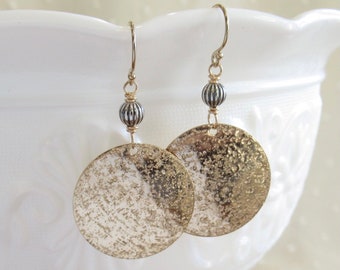 Textured disc gold earrings, gold filled discs with sterling silver accent bead, rustic hammered boho earrings, modern gold drop earrings