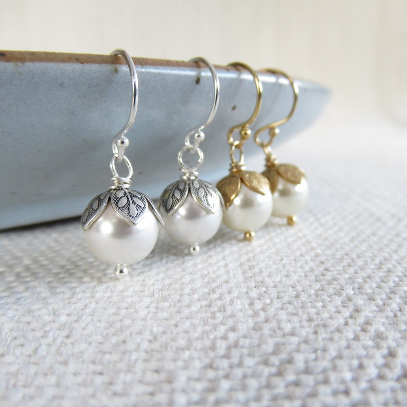 Flower bud pearl earrings Faux pearls Austrian Crystal pearls Leaf bead caps Solid sterling silver earrings Small dangle earrings 画像 1