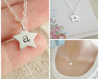 Personalized initial necklace, star necklace, hand stamped sterling silver initial, star charm necklace, gift for Mom necklace. Mother's