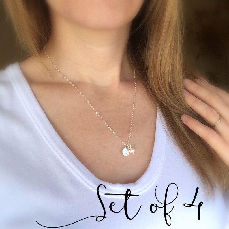 Bridesmaid necklace Set of 4 FOUR Bridesmaid shops gift set, custom silver initial necklaces, freshwater pearl necklace, bridesmaid jewelry