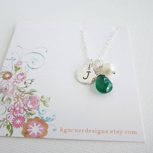 May birthstone necklace with emerald green onyx and handstamped initial tag, silver initial necklace, Personalized custom birthday gift image 2