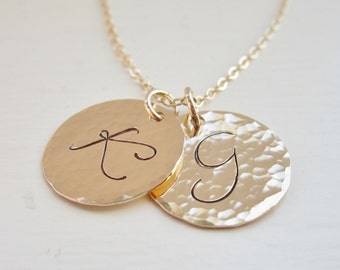 Personalized gold initial necklace, two gold initials, large script initial disc, cursive, hammered gold initial charms, couples necklace,