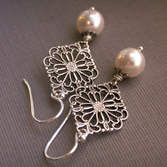 Sterling Silver Filigree Drop Pearl Earrings Sterling Silver Filigree Drop Pearl Earrings