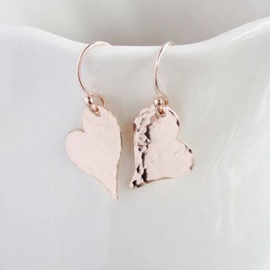 Rose gold earrings, wife birthday gift, heart earrings, girlfriend gift, abstract hearts, hammered metal earrings, sterling silver earrings