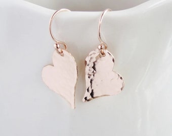 Rose gold earrings, wife birthday gift, heart earrings, girlfriend gift, abstract hearts, hammered metal earrings, sterling silver earrings