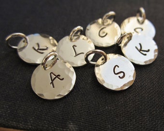 Personalized initial charm, hand stamped custom sterling silver initial, letter charm, hammered sterling silver charm