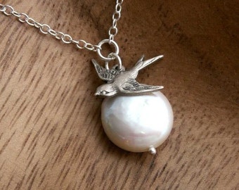 Coin pearl necklace, bird necklace, sparrow charm on freshwater coin pearl, sterling silver chain