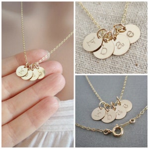 Tiny gold initial necklace Mothers necklace Grandma necklace Childrens initials Gold initial charms Hand stamped initials Gift for mom image 1