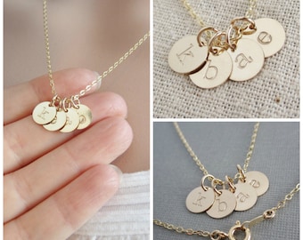 Tiny gold initial necklace Mothers necklace Grandma necklace Childrens initials Gold initial charms Hand stamped initials Gift for mom