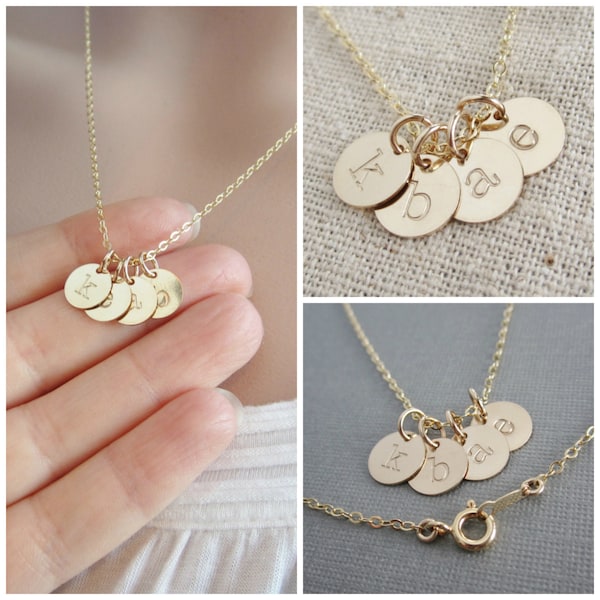 Tiny gold initial necklace Mothers necklace Grandma necklace Childrens initials Gold initial charms Hand stamped initials Gift for mom
