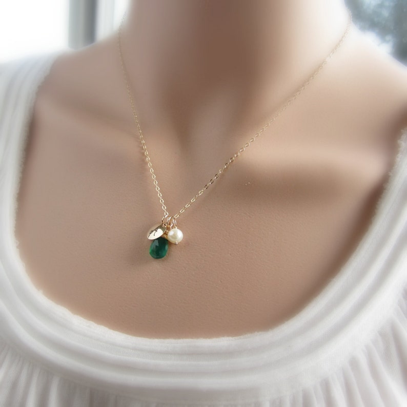 May birthstone necklace with emerald green onyx and handstamped initial tag, silver initial necklace, Personalized custom birthday gift image 3