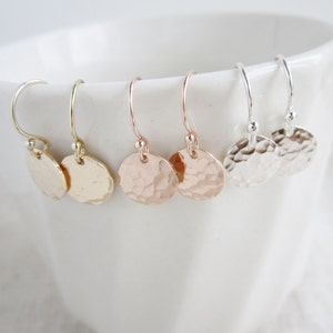 Tiny Dot Rose gold earrings Pink gold earrings Hammered rose gold discs Dainty earrings Everyday earrings Simple small dangle earrings Hammered