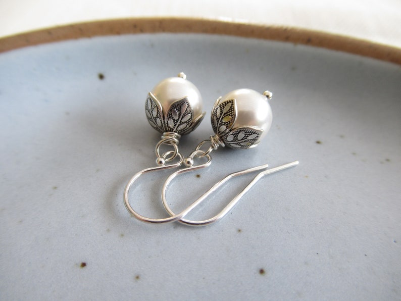 Flower bud pearl earrings Faux pearls Austrian Crystal pearls Leaf bead caps Solid sterling silver earrings Small dangle earrings Silver