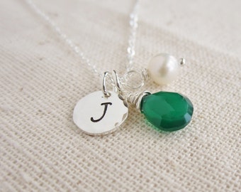 May birthstone necklace with emerald green onyx and handstamped initial tag, silver initial necklace, Personalized custom birthday gift