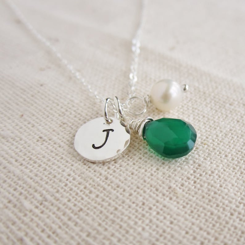 May birthstone necklace with emerald green onyx and handstamped initial tag, silver initial necklace, Personalized custom birthday gift image 1