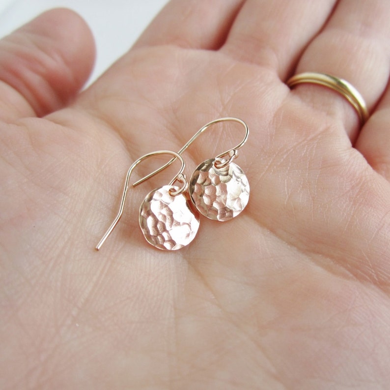 Tiny Dot Rose gold earrings Pink gold earrings Hammered rose gold discs Dainty earrings Everyday earrings Simple small dangle earrings image 6