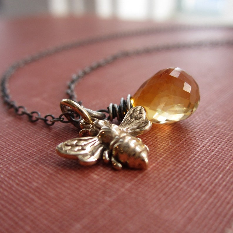 Honey Bee necklace, citrine necklace, bee charm, november birthstone necklace, yellow, orange, oxidized sterling silver, spring fashion image 2