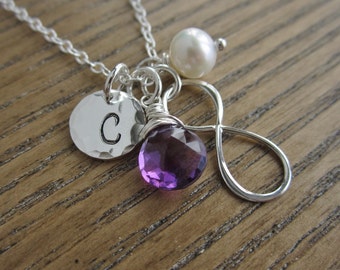 Amethyst birthstone necklace for February birthday Personalized initial, infinity charm, Gemstone teardrop Sterling silver, Freshwater pearl