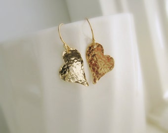 Heart earrings simple hammered gold earrings Valentines Day heart jewelry Girlfriend gift Wife gift two hearts dangle bridesmaid earrings