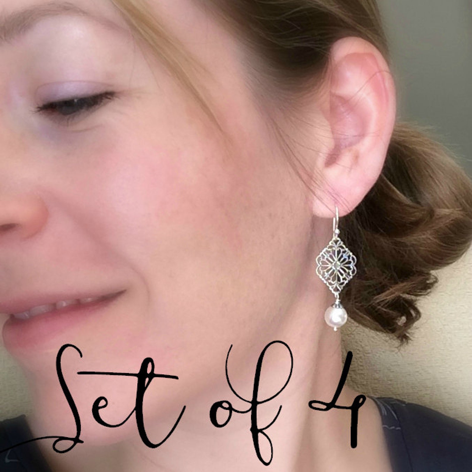 Pearl Earrings Bridesmaid Jewelry Set of 4 Antiqued Silver Etsy