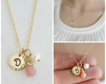 Pink opal necklace Gold initial necklace October birthstone necklace Charm necklace Birthday gift Handstamped gold initial disc necklace