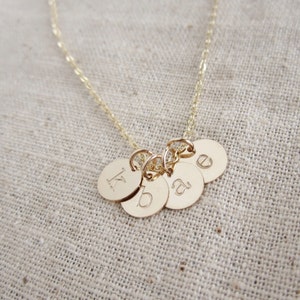 Tiny gold initial necklace Mothers necklace Grandma necklace Childrens initials Gold initial charms Hand stamped initials Gift for mom image 3