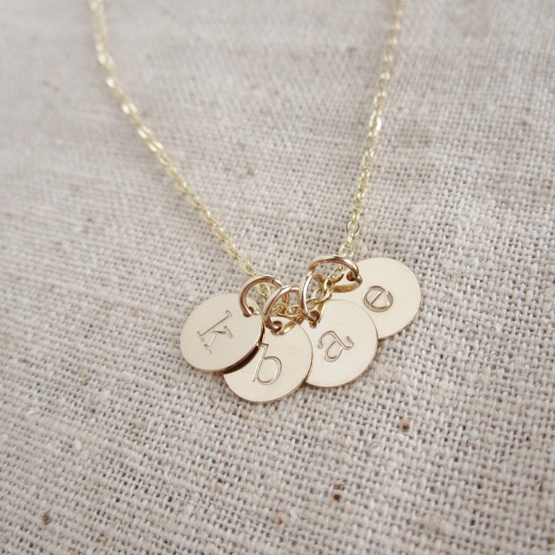 Tiny gold initial necklace Mothers necklace Grandma necklace Childrens initials Gold initial charms Hand stamped initials Gift for mom image 3