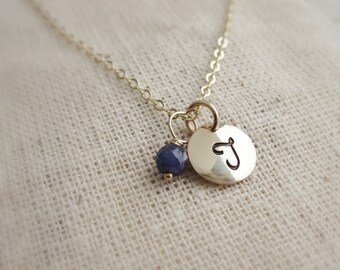 Mini birthstone initial tag necklace, handstamped circle tag charm necklace, custom birthstone jewelry, personalized gold initial necklace