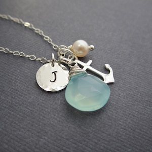 Personalized anchor necklace, silver initial necklace, nautical necklace, aqua blue custom navy wife necklace charm necklace, pearl necklace