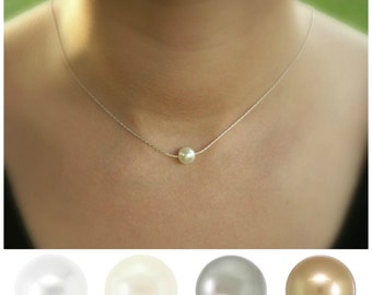 Floating pearl necklace, thin silver chain, single pearl necklace, pearl solitaire, white pearl necklace, ivory pearl, bridesmaid necklace