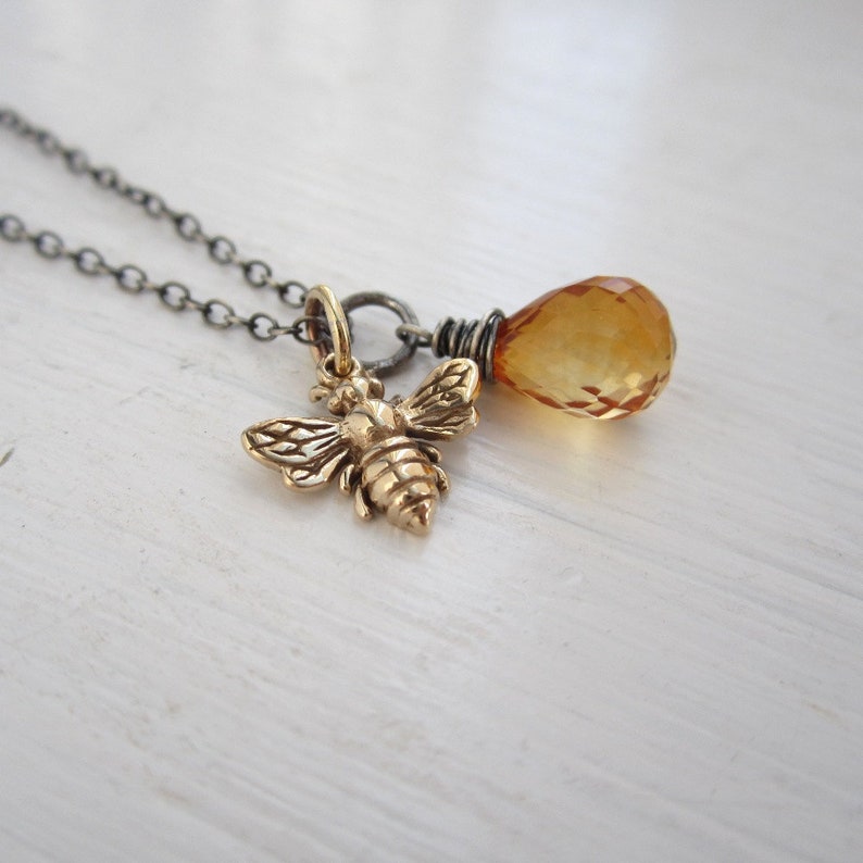 Honey Bee necklace, citrine necklace, bee charm, november birthstone necklace, yellow, orange, oxidized sterling silver, spring fashion image 1