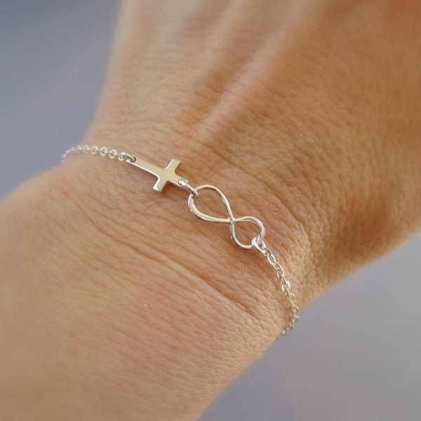 Confirmation gift Cross infinity bracelet, solid sterling silver bar bracelet Christian jewelry, adjustable layering bracelet, infinite love