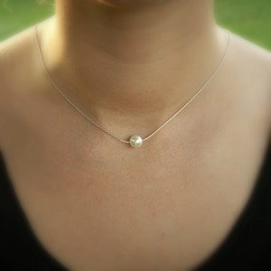 Floating pearl necklace, thin silver chain, single pearl necklace, pearl solitaire, white pearl necklace, ivory pearl, bridesmaid necklace