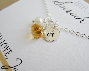 Personalized gift Happy Birthday card with November birthstone necklace Silver initial necklace November birthday gift Citrine necklace