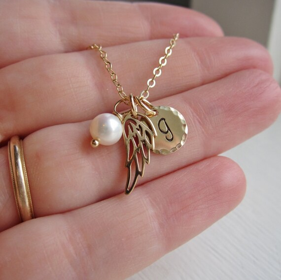 Remembrance necklace angel baby gold initial necklace angel Etsy